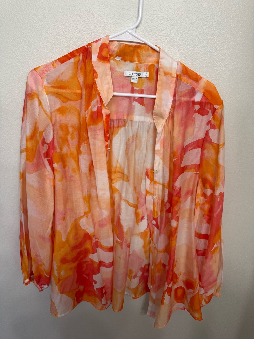 Chico's Orange Pink Watercolor Sheer Button-Down Blouse
